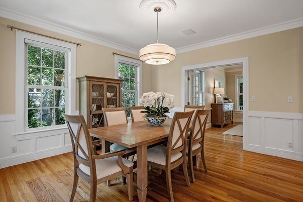 Dining room, Interior, Pendant Lights, Wood Texture Flooring