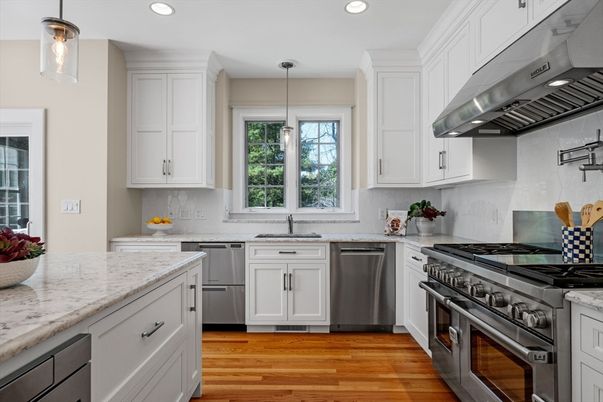 Interior, Kitchen, Pendant Lights, Recessed Lighting, Stainless Steel Appliances, Wood Texture Flooring