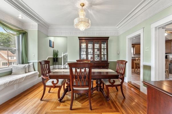 Chandelier, Dining room, Interior, Wood Texture Flooring