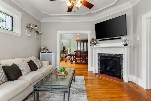 Chandelier, Dining room, Fireplace, Interior, Living room, Wood Texture Flooring