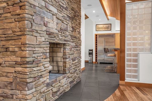 Fireplace, Interior, Recessed Lighting, Stone Walls