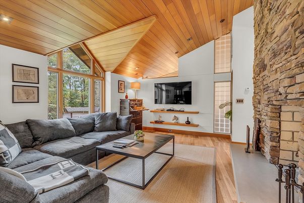 Fireplace, Interior, Living room, Recessed Lighting, Stone Walls, Wooden Ceilings, Wood Texture Flooring