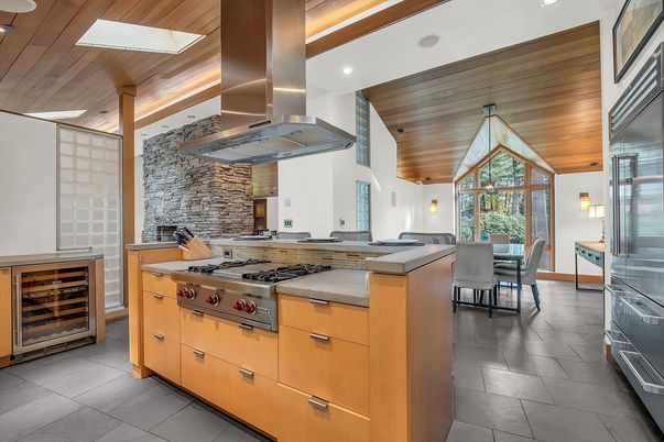 Dining room, Interior, Kitchen, Pendant Lights, Recessed Lighting, Stainless Steel Appliances, Stone Walls, Wooden Beams, Wooden Ceilings