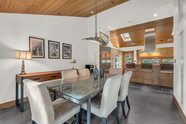 Dining room, Interior, Kitchen, Pendant Lights, Recessed Lighting, Stainless Steel Appliances, Wooden Ceilings