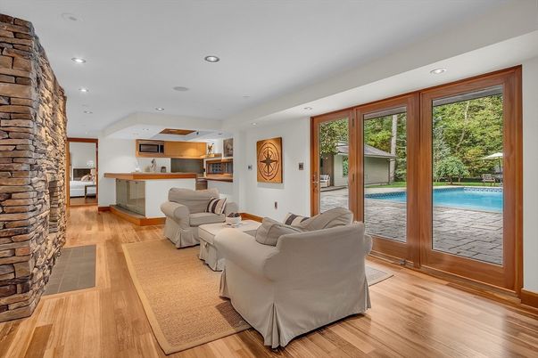 Interior, Living room, Recessed Lighting, Stone Walls, Wood Texture Flooring
