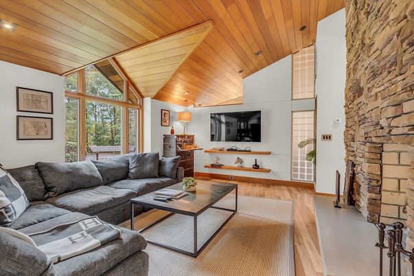 Fireplace, Interior, Living room, Recessed Lighting, Stone Walls, Wooden Ceilings, Wood Texture Flooring