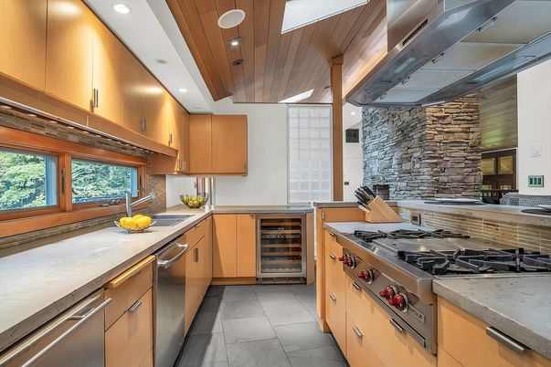 Interior, Kitchen, Recessed Lighting, Stainless Steel Appliances, Stone Walls, Wooden Ceilings