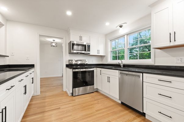 Interior, Kitchen, Recessed Lighting, Stainless Steel Appliances, Wood Texture Flooring