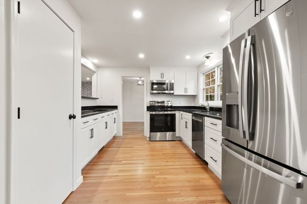Interior, Kitchen, Recessed Lighting, Stainless Steel Appliances, Wood Texture Flooring