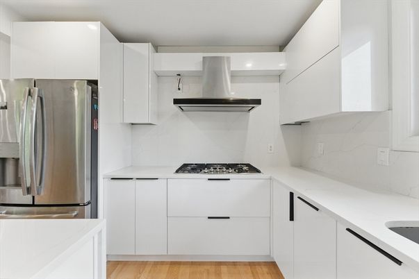 Interior, Kitchen, Marble Walls, Stainless Steel Appliances, Wood Texture Flooring