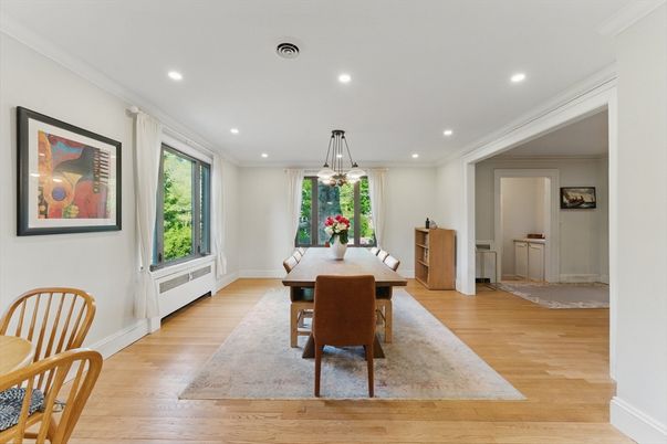 Dining room, Interior, Pendant Lights, Recessed Lighting, Wood Texture Flooring