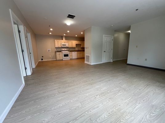 Empty room, Interior, Kitchen, Recessed Lighting, Stainless Steel Appliances, Wood Texture Flooring