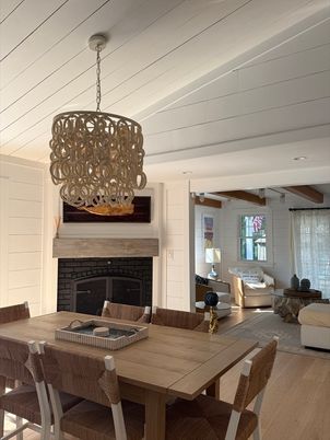 Dining room, Fireplace, Interior, Living room, Pendant Lights, Wood Texture Flooring