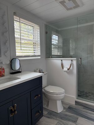 Bathroom, Glass Shower, Interior, Wood Texture Flooring