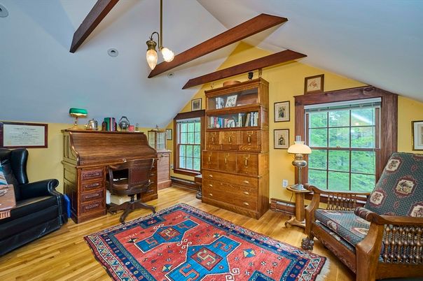 Home Office, Interior, Pendant Lights, Wooden Beams, Wood Texture Flooring