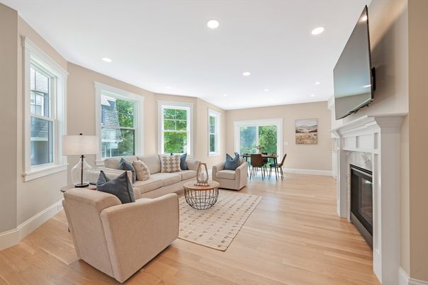 Dining room, Fireplace, Interior, Living room, Recessed Lighting, Wood Texture Flooring