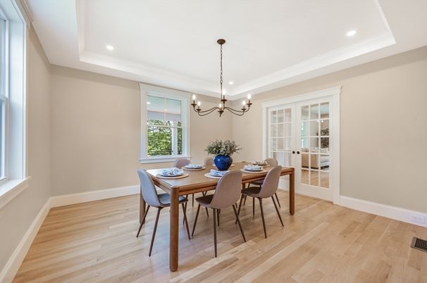 Dining room, Interior, Pendant Lights, Recessed Lighting, Wood Texture Flooring