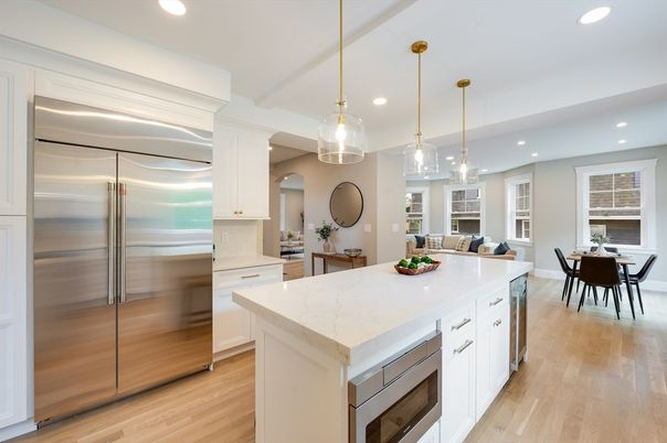 Dining room, Interior, Kitchen, Pendant Lights, Recessed Lighting, Stainless Steel Appliances, Wood Texture Flooring
