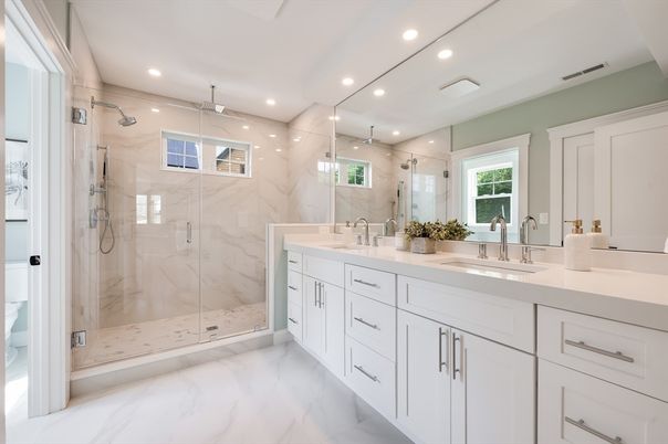 Bathroom, Dual Sink Vanities, Glass Shower, Interior, Marble, Marble Walls, Recessed Lighting