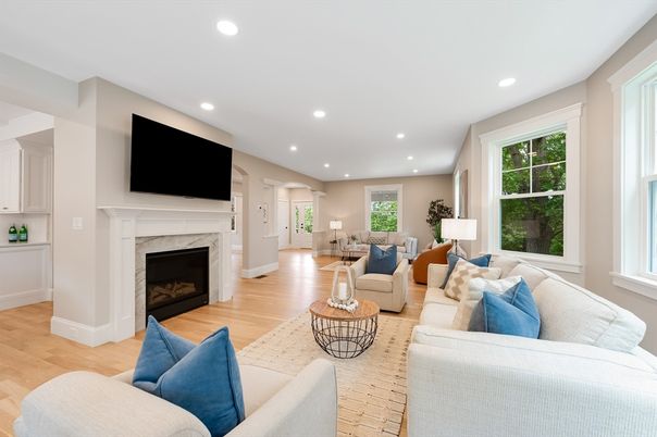 Fireplace, Interior, Living room, Recessed Lighting, Wood Texture Flooring