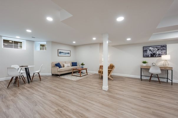 Dining room, Interior, Living room, Recessed Lighting, Wood Texture Flooring