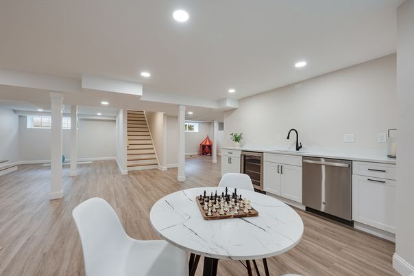 Dining room, Interior, Kitchen, Recessed Lighting, Stainless Steel Appliances, Wood Texture Flooring