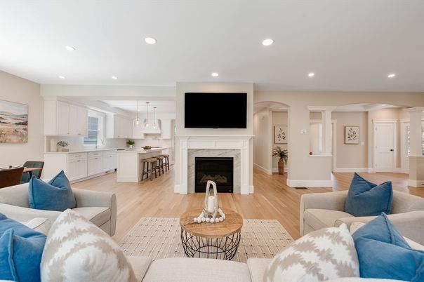 Dining room, Fireplace, Interior, Kitchen, Living room, Pendant Lights, Recessed Lighting, Wood Texture Flooring