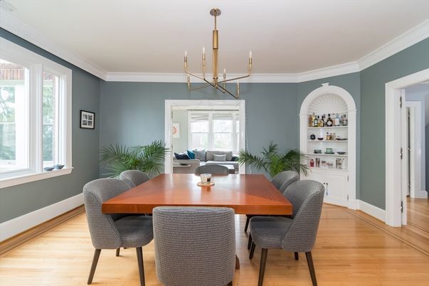 Chandelier, Dining room, Interior, Pendant Lights, Wood Texture Flooring
