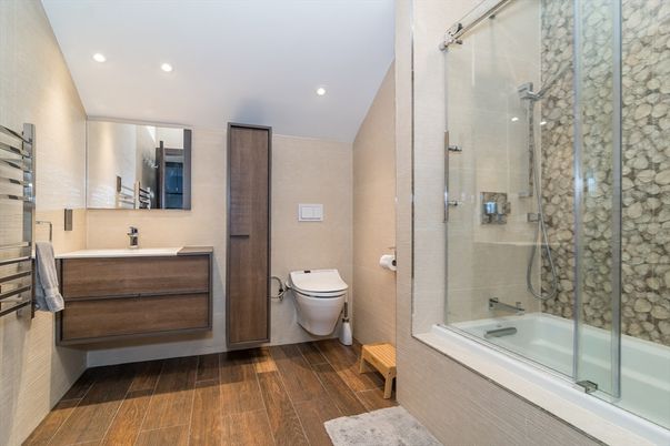 Bathroom, Glass Shower, Interior, Recessed Lighting, Wood Texture Flooring