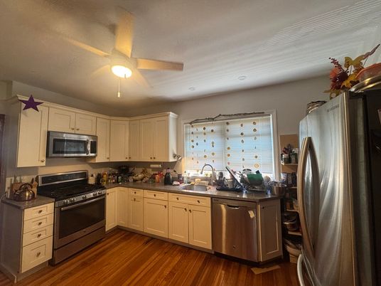 Interior, Kitchen, Recessed Lighting, Stainless Steel Appliances, Wood Texture Flooring