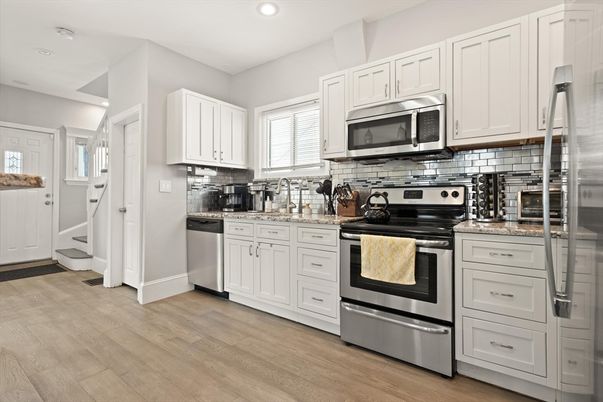 Interior, Kitchen, Recessed Lighting, Stainless Steel Appliances, Wood Texture Flooring