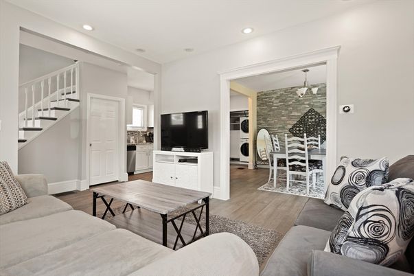 Dining room, Interior, Living room, Recessed Lighting, Stone Walls, Wood Texture Flooring