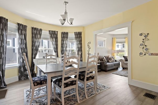 Dining room, Interior, Living room, Pendant Lights, Wood Texture Flooring