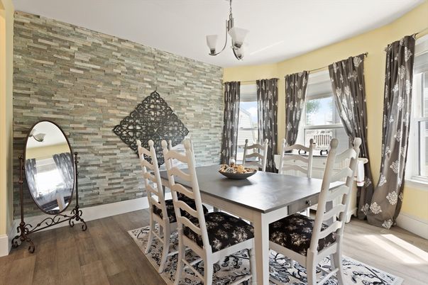 Dining room, Interior, Pendant Lights, Stone Walls, Wood Texture Flooring