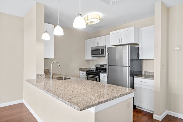 Interior, Kitchen, Pendant Lights, Stainless Steel Appliances, Wood Texture Flooring