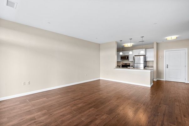 Empty room, Interior, Kitchen, Pendant Lights, Stainless Steel Appliances, Wood Texture Flooring