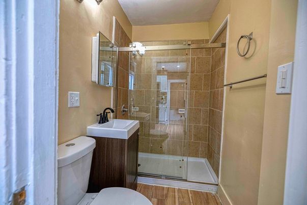 Bathroom, Glass Shower, Interior, Wood Texture Flooring