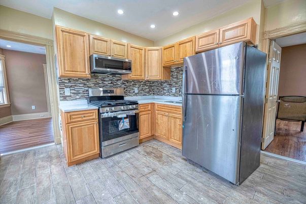 Interior, Kitchen, Recessed Lighting, Stainless Steel Appliances, Wood Texture Flooring