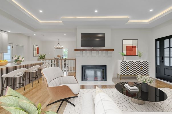 Chandelier, Dining room, Fireplace, Interior, Recessed Lighting, Wood Texture Flooring