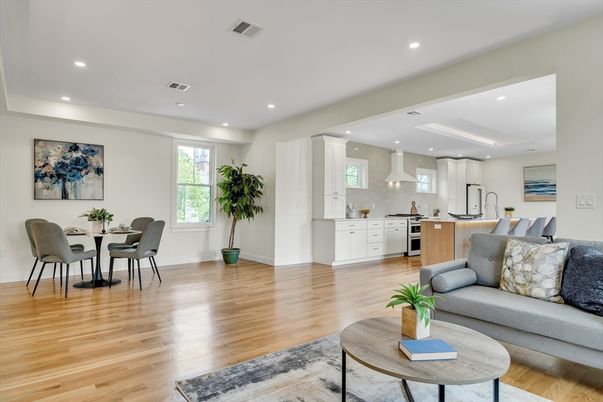 Dining room, Interior, Kitchen, Living room, Recessed Lighting, Wood Texture Flooring