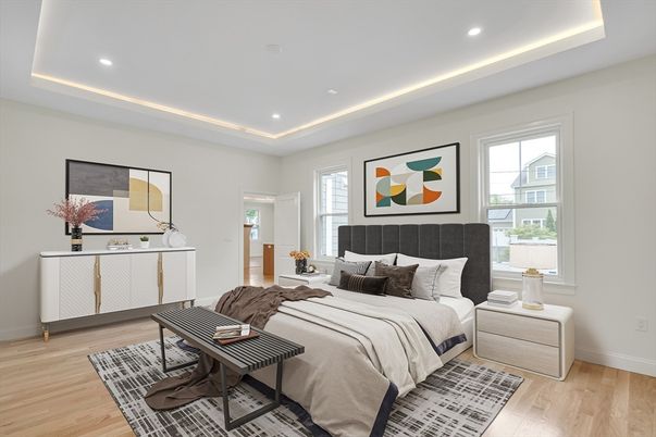 Bedroom, Interior, Recessed Lighting, Wood Texture Flooring