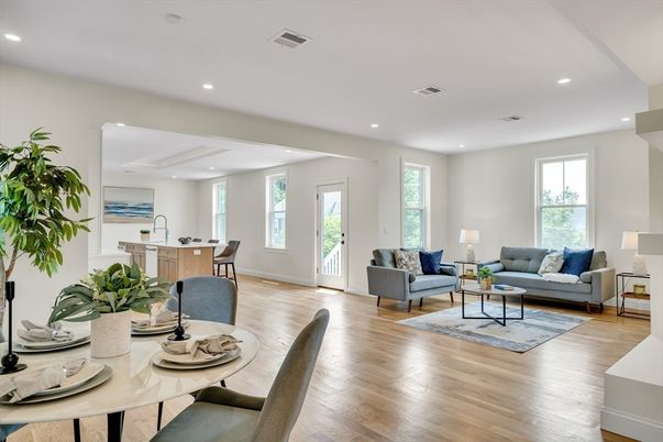 Dining room, Interior, Living room, Recessed Lighting, Wood Texture Flooring