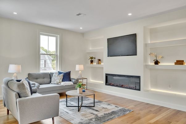 Fireplace, Interior, Living room, Recessed Lighting, Wood Texture Flooring