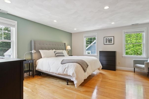 Bedroom, Interior, Recessed Lighting, Wood Texture Flooring