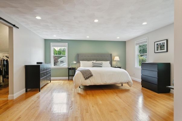 Bedroom, Interior, Recessed Lighting, Wood Texture Flooring