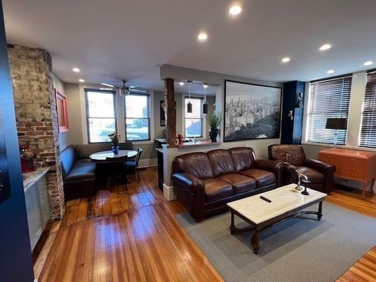 Dining room, Interior, Living room, Recessed Lighting, Stone Walls, Wood Texture Flooring