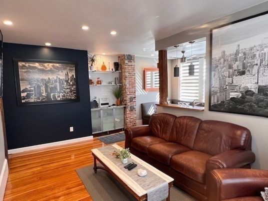 Interior, Living room, Recessed Lighting, Stone Walls, Wood Texture Flooring