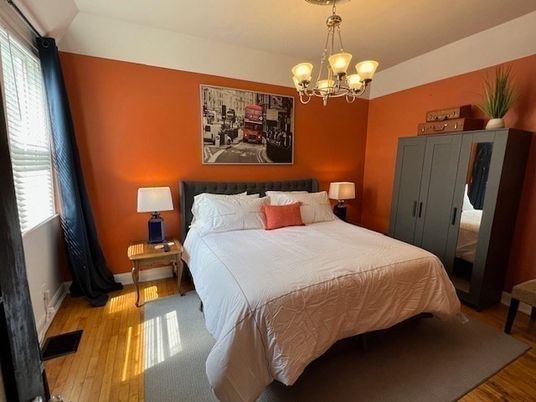 Bedroom, Chandelier, Interior, Wood Texture Flooring