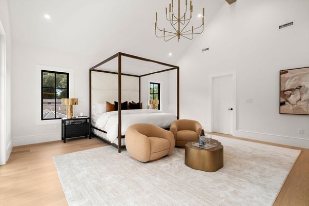 Bedroom, Chandelier, Interior, Recessed Lighting, Wood Texture Flooring
