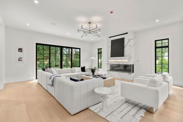 Fireplace, Interior, Living room, Pendant Lights, Recessed Lighting, Wood Texture Flooring